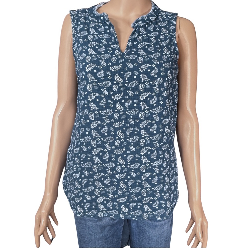 Eddie Bauer Blue Paisley Sleeveless Cotton Blouse Lightweight Top Size Small